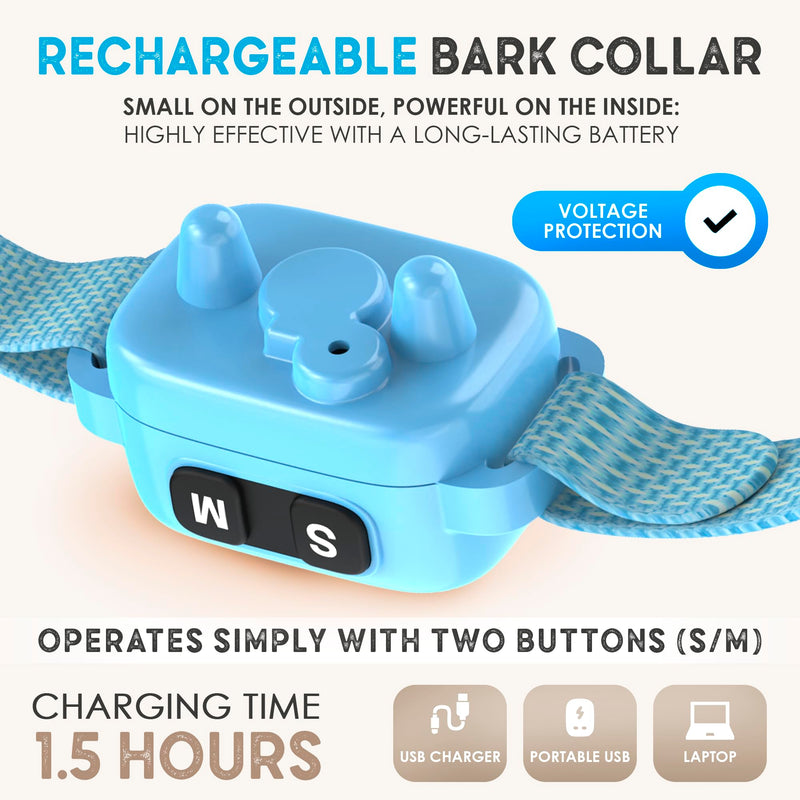 Tiny Bark Collar for Small Dogs 5-15 lbs and Puppies - No Shock Anti Barking Collar - Rechargeable Smart Collar for Dog Training with 7 Sensitivity Levels and 3 Beep&Vibration Modes (Pure Blue) Pure Blue