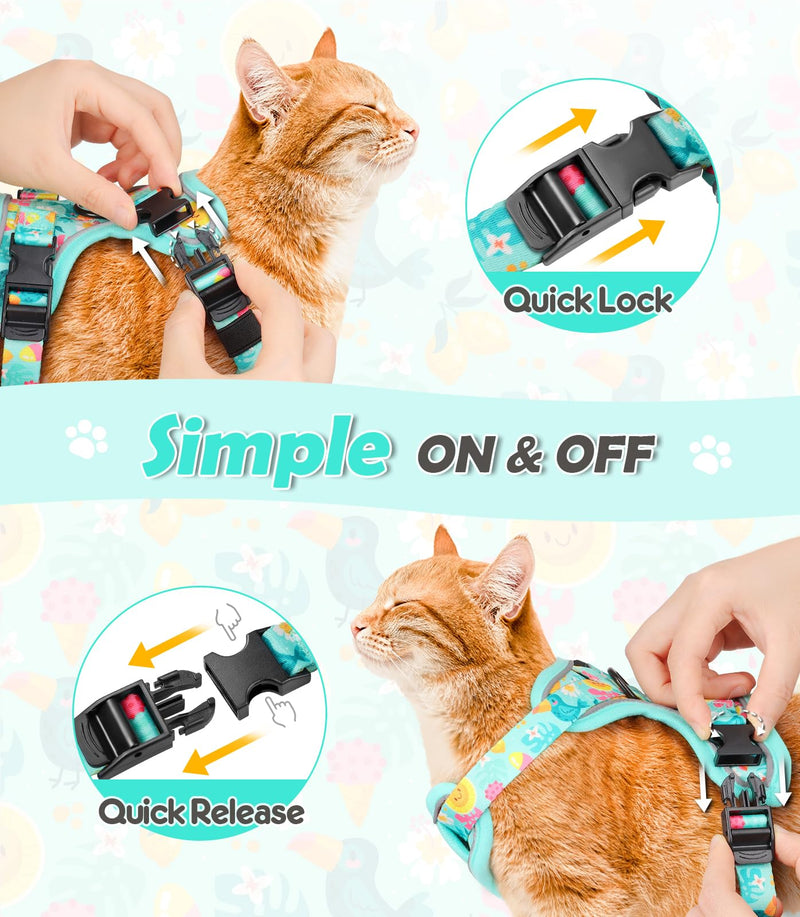 Halypet Cat Harness and Leash Set[MAX Safety 4th-Gen] Cute Escape Proof Vest Harness for Girl&Boy Cat Walking, Comfortable Adjustable Leash and Reflective Strips for Outdoor Kitten, XS Green Tropics H603 Pro Green Tropics X-Small (4-6lb)