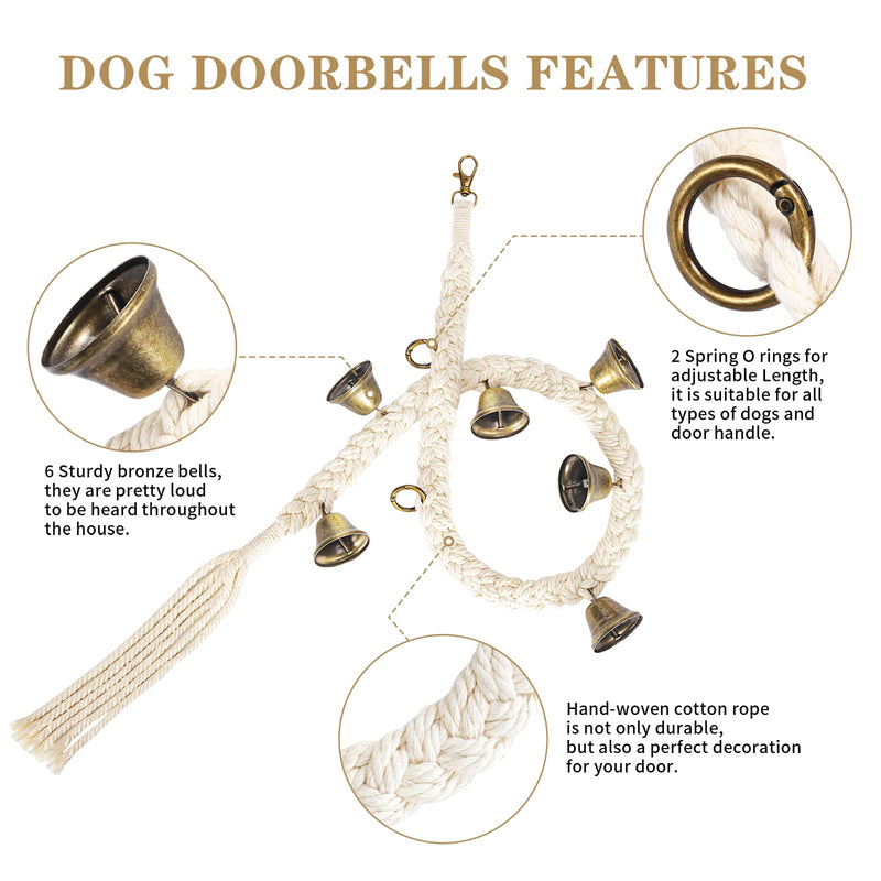 Dog Bell for Door Potty Training, Cotton Handwoven Dog Doorbell with 6 Extra Loud Bells for Dog Training, Adjustable Hanging Door Bell for Small Medium Large Dogs to Ring to Go Outside Antique - PawsPlanet Australia