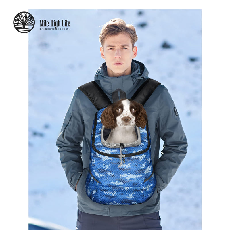 Mile High Life | Hiking Outdoor Pet Carrier Backpack | Kitty Puppy Cat Carrier | Dog Carrier for Small Dogs | Dog Backpack w Breathable Mesh with Soft Padding(Camouflage Blue, Small (Pack of 1)) - PawsPlanet Australia