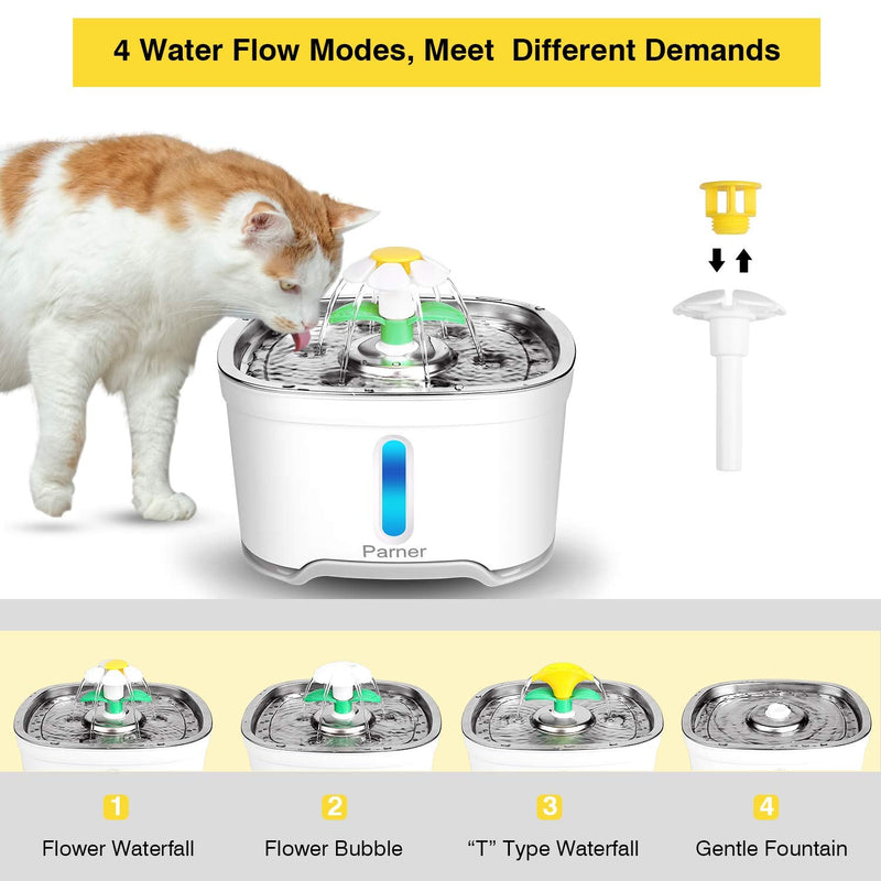 Cat Water Dispenser, Parner Stainless Steel Pet Fountain Flower 2.5L Auto Cat Fountain, Quiet Cat Drinking Fountain with 4 Filters & 1 Silicone Mat & 2 Cleaning Brushes for Cat, Dog, Bird, Other Pets Green & White - PawsPlanet Australia
