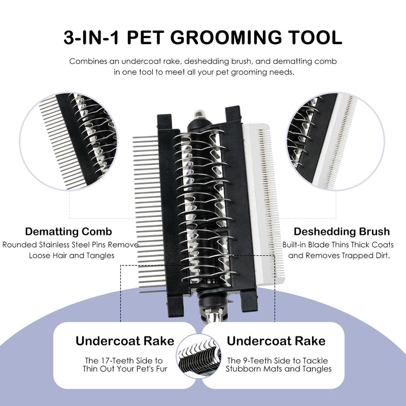 3-IN-1 Pet Deshedding and Grooming Tool, Grooming Brush for Dogs and Cats with Undercoat Rake & Dematting Comb for Matted Fur Removal Long and Short Haired Dogs Cats