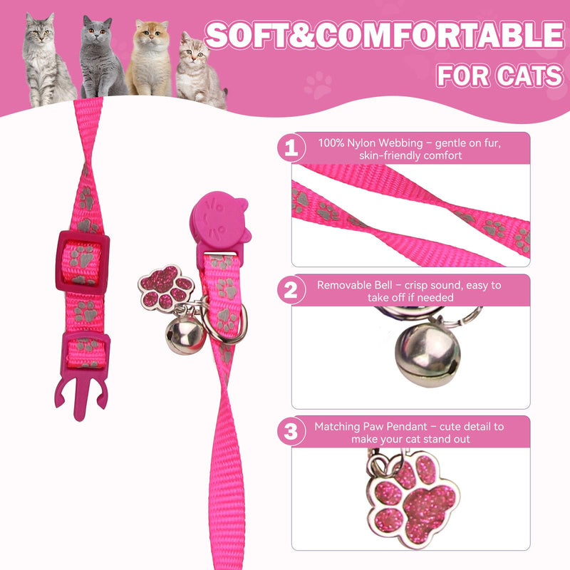 4PCS Breakaway Cat Collars,Reflective Cat Collar with Bells,Kitten Collars for Boy&Girl Cats Breakaway Collar for Cats with Paw Pendant 6-9 Inch(Purple+Hotpink+Red+Teal) Purple+Hotpink+Red+Teal - PawsPlanet Australia
