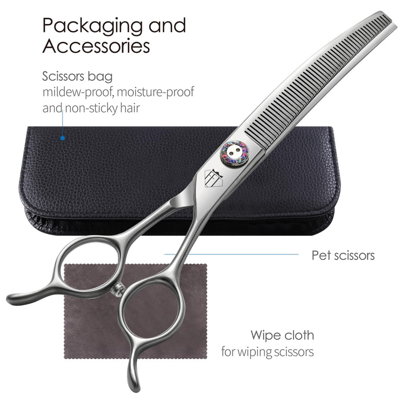 Professional Dog Grooming Scissors, 7 Inch JP440C Stainless Steel, 25% Thinning Curved Shears with Ergonomic Handle, Silver (Curved Thinner, 7.0") Curved Thinner 7.0" - PawsPlanet Australia