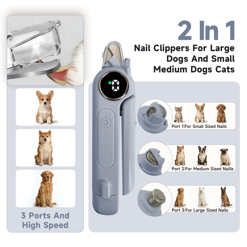 2-in-1 Dog Cat Nail Grinder & Clipper with LED Light, Pet Nail Clippers for Large Medium Puppy Dogs Ultra Quiet, Dog Cat Nail Trimmers with Splash Guard, Electric Dog Cat Claw Care File (Grey) Grey - PawsPlanet Australia