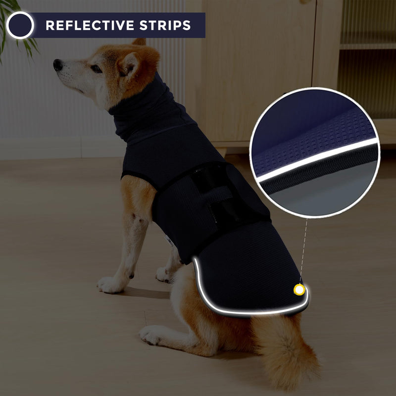 Dotoner Dog Anxiety Relief Coat,2-in-1Calming Anxiety Jacket for Dogs with Soft Ear Muffs Hood for Noise Dog Anxiety Vest with reflective strips Belly Coverage Anti-Anxiety Wrap Relief Stress M Navy blue