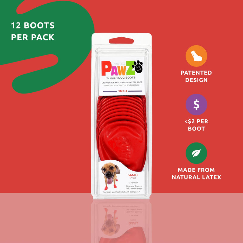 PawZ Rubber Dog Boots for Small Paws - All-Weather Waterproof Dog Shoes, Anti-Slip Traction for Rain, Snow, Mud & Hot Pavement - Pull-On Dog Booties, Red - Small (2"-2.5") - Pack of 12