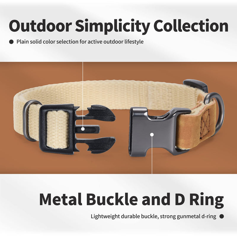 Mile High Life | Genuine Leather Dog Collar | Stainless Steel Pin Buckle Ring Dog Collar | Soft and Strong Poly Cotton Fabric | Variety Colors Small (Pack of 1) Cotton Fabric-Khaki - PawsPlanet Australia