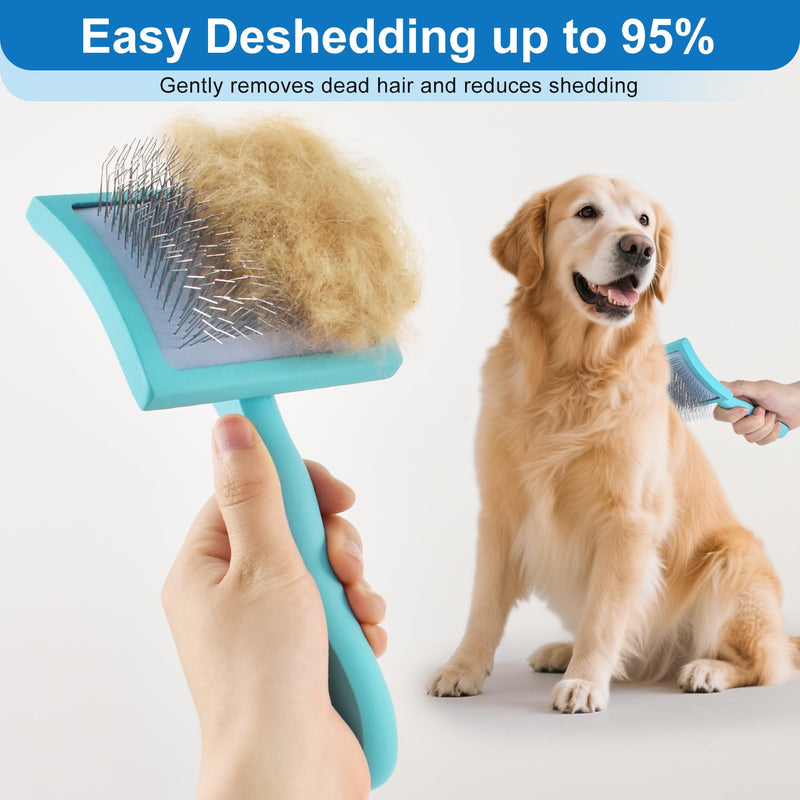 Slicker Brush for Dogs, Doodle & Poodle Brush for Long Haired Dog, Dog Slicker Brushes Goldendoodle Long Pin Detangler for Dematting (Large Curved) blue - PawsPlanet Australia