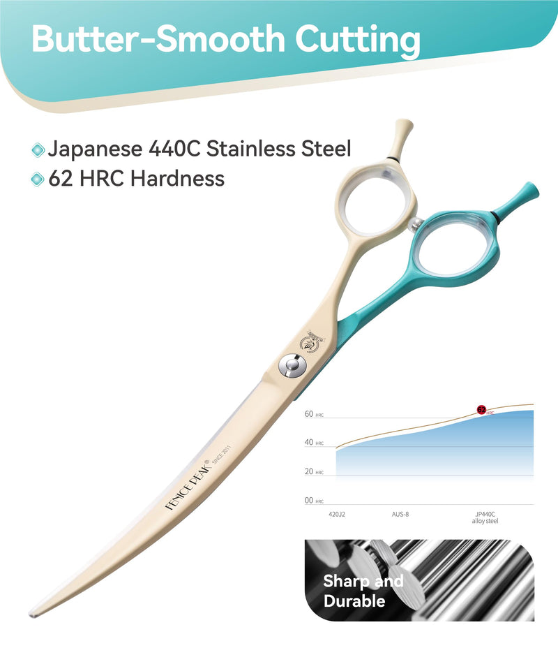Fenice Peak Curved Dog Grooming Scissors with Coating 440C Stainless Steel, 7 inch Professional Curved Shears Dog Grooming，25 Degree of Curved Blade，Pet Shear for Trimming Face and Paws, Green & White 7" Green&white - PawsPlanet Australia