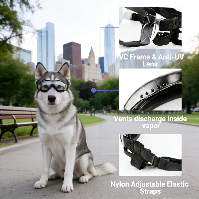 NAMSAN 2 Pair of Dog Goggles, Clear/Black, UV Protection Dog Sunglasses for Medium to Large Dogs, Windproof Driving Dog Eye Protection, Dog Glasses with Elastic Straps, Adjustable 2PCS(Large) - PawsPlanet Australia