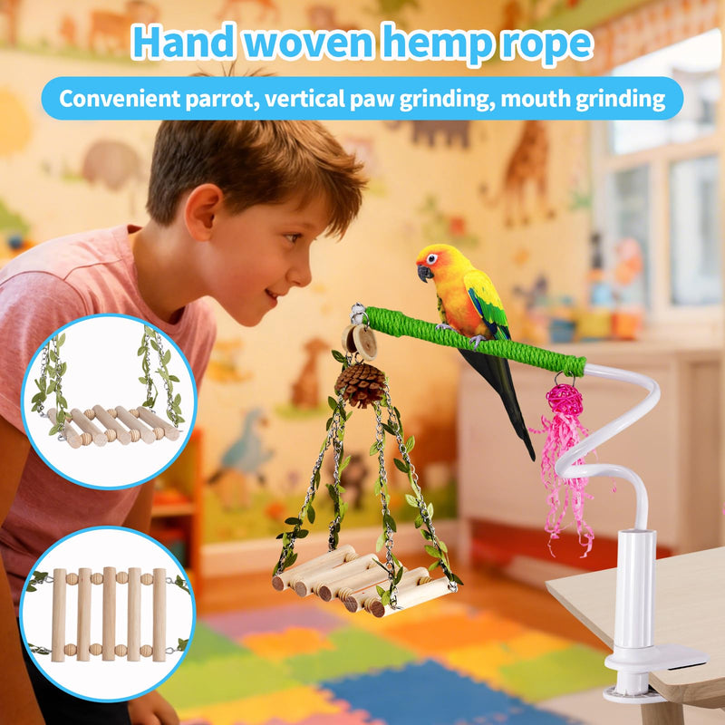 Bird Perch Stand with Swing, Desktop Bird Toy & Stand for Interacting, Interactive Playground for Sun Conure, Lovebirds, Conure, Budgie, Cockatiel - Non-Slip Adjustable Perch