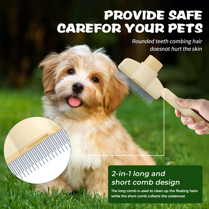 2PCS Pet Comb for Dogs & Cats Pet Hair Removal Comb with Long & Short Stainless Steel Metal Teeth for Shedding and Tangles Self-Cleaning Cat Grooming Brush with Release Button (2PCS set) 2PCS set