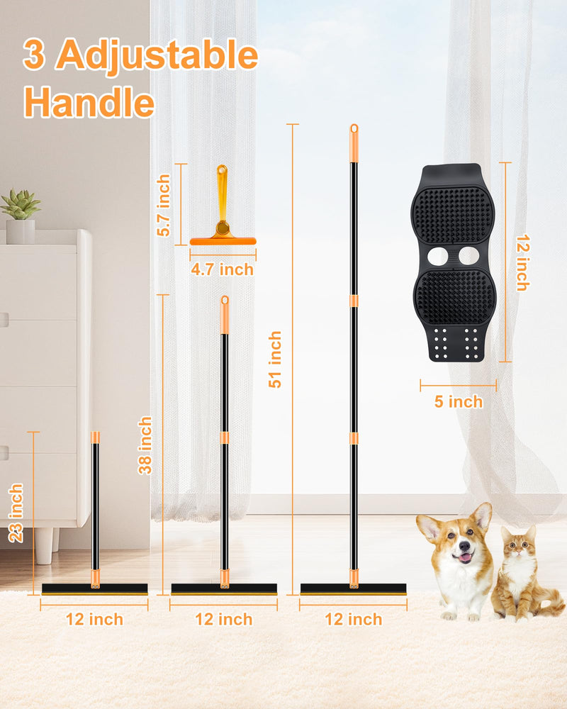3 in 1 Carpet Rake for Pet Hair Removal Tool, 51” Adjustable Long Handle Pet Hair Removal Broom, Pet Grooming Brush, Cat Dog Hair Remover Carpet Scraper for Rugs, Mats Orange-Black - PawsPlanet Australia