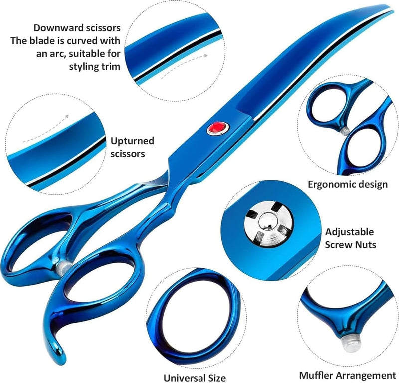 EVEN Professional Dog Grooming Scissors Set for Cats and Dogs-9CR Coated Steel, Safety Kit- Straight and Thinning Shears, Curved Up Shears , Metal Pet Comb, Scissor Sharpener and Case-Pet Fur Care