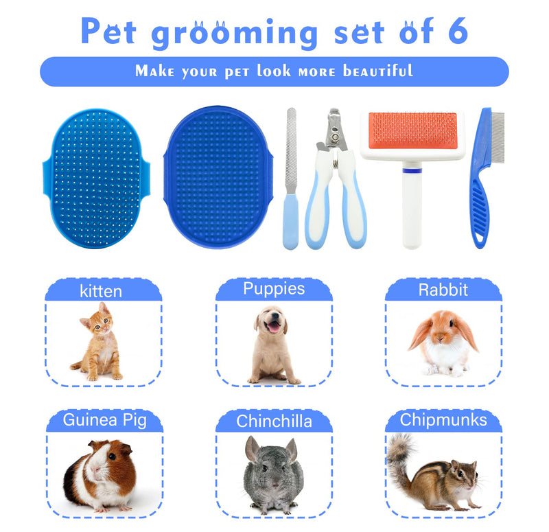 Pet Grooming Kit with Slicker Brush Bath Massage Glove Brush Pet Shedding Comb Nail Clipper Trimmer 6 Piece Set for Rabbit Kitten Guinea Pig Cat Chinchilla Ferret Small Animals Blue - PawsPlanet Australia