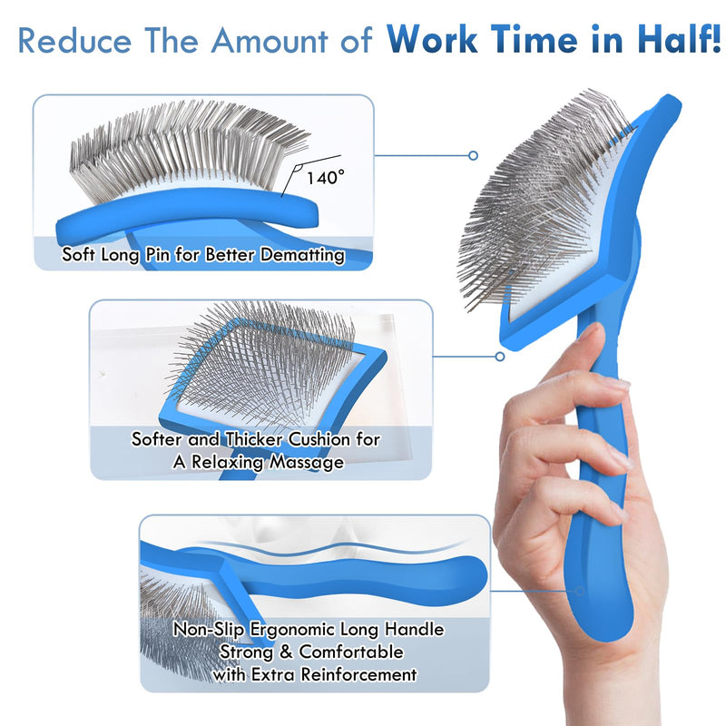 Dog Slicker Brush for Medium or Long Haired Dogs, Long Pin Slicker Brush for Removes Loose Hair, Tangles and Knots, Best Grooming Tools for Small Animals, Large, Free Pet Comb, Blue - PawsPlanet Australia
