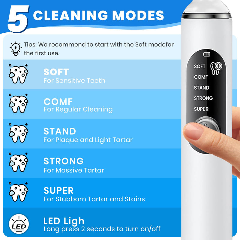 Dog Plaque Remover for Teeth,Pet Ultrasonic Tooth Cleaner with LED Light,Cleaning Kit for Tartar and Stains,5 Adjustable Modes,Pet Teeth Cleaning kit,Suitable for Dogs and Cats (White) White - PawsPlanet Australia