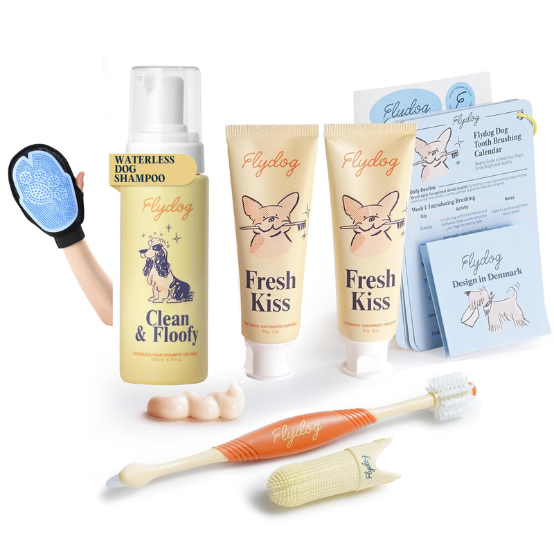 FlyDog Dog Grooming & Dental Care Kit, Dog Toothpaste & Toothbrush Set + Waterless Dry Shampoo Foam with Grooming Glove, Odor Control, Plaque & Tartar Removal, Fresh Breath, Mild Mint