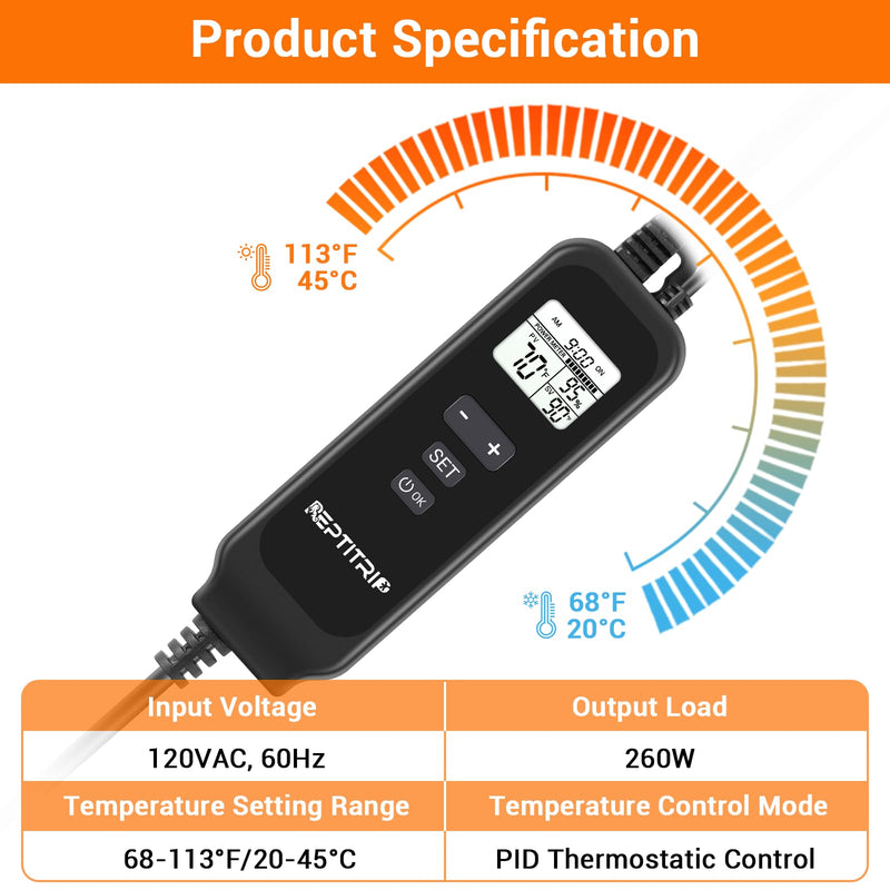 Reptile Dimming Thermostat, Adjustable Day and Night Temperature, Thermostat for Reptile Heat Lamp Heat Pad, PID Temperature Controller, Memory Function, ℉/℃ - PawsPlanet Australia