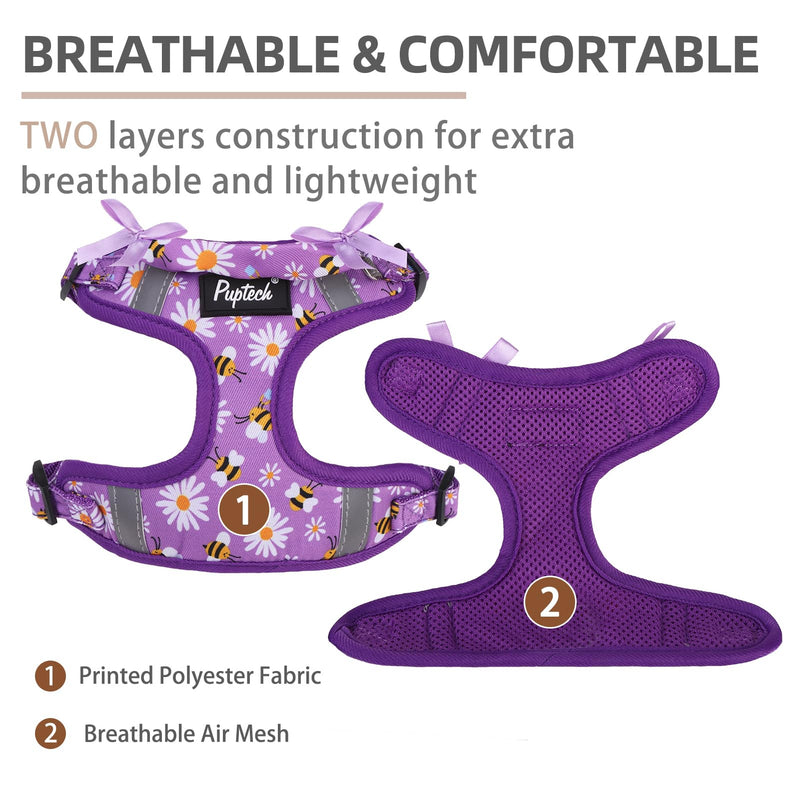 PUPTECK Dog Harness and Leash Set Small Sized, Step in No Pull Adjustable Puppy Cat Harness Reflective Pet Vest S (13-17lbs, Chest 15"-18") #2 Purple(Daisy Print) - PawsPlanet Australia