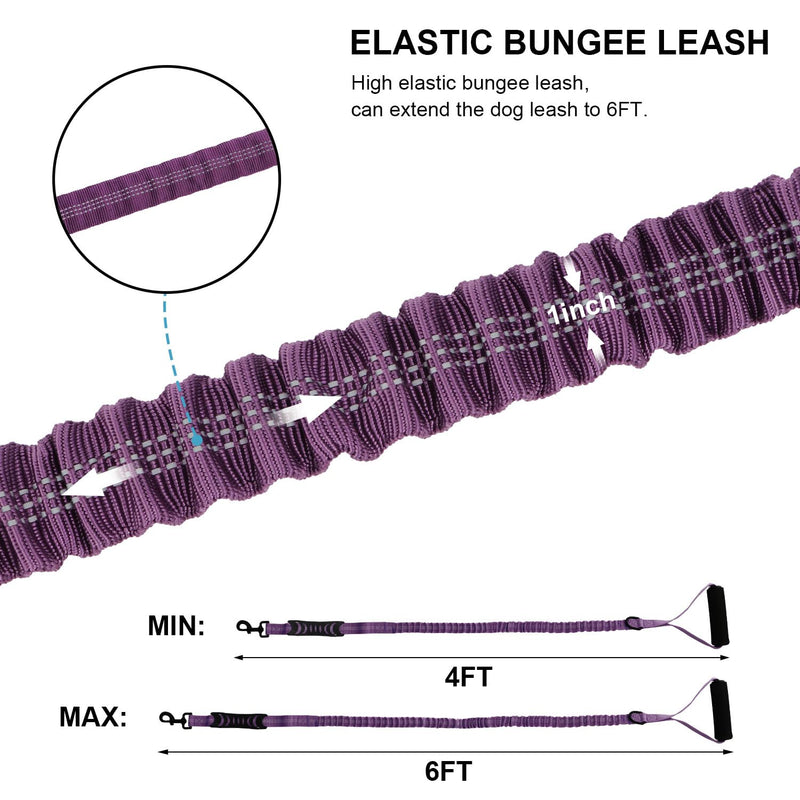 Heavy Duty Bungee Dog Leash with Shock Absorbing & Reflective Stitching - Adjustable 4-6FT Tactical Training Leash for Strong Pullers, Dual Padded Handles for Medium/Large Dogs(Purple) Purple - PawsPlanet Australia