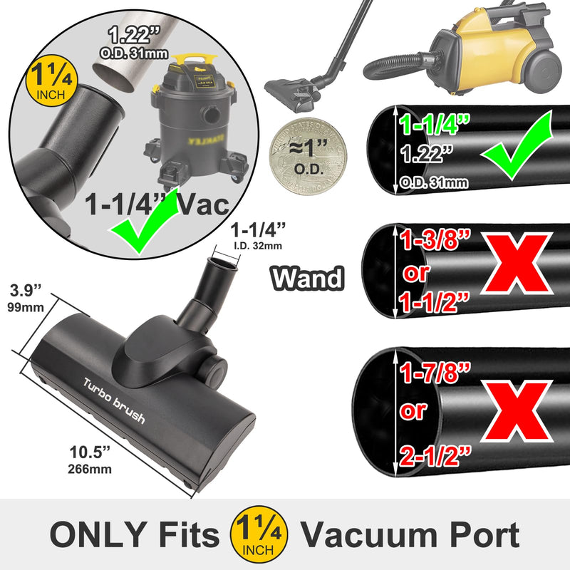 1-1/4" Turbo Brush Vacuum Accessory, as 1.25 Inch Shopvac Canister Universal Wet Dry Vac Floor Head Attachment, Ideal for Pet Hair Removal on Carpets Area Rugs Hardfloors (Turbo Brush)
