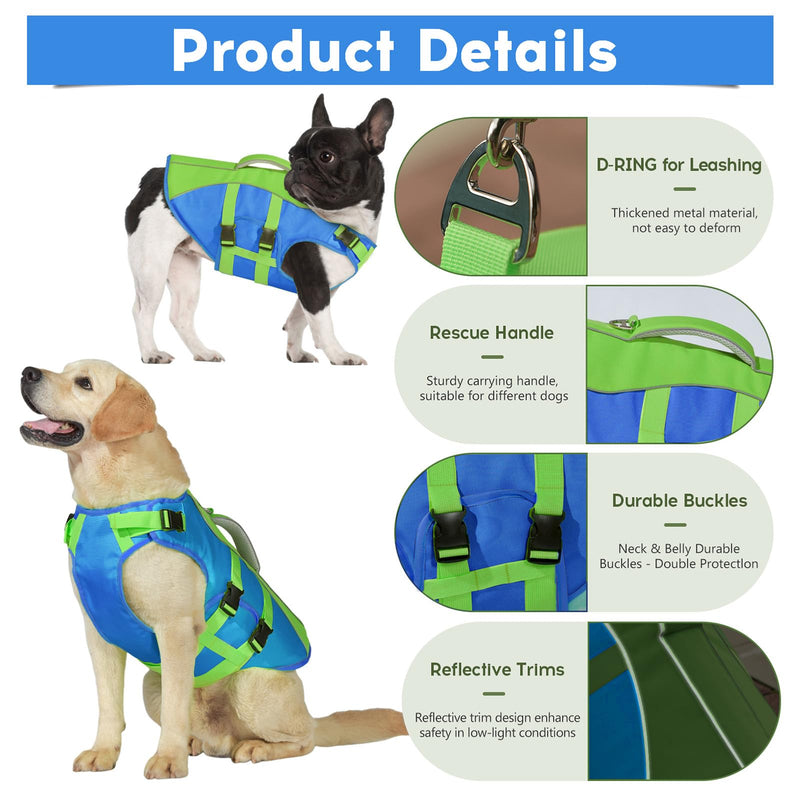 PETDSH Dog Life Jacket Large, High Flotation Dog Life Vest for Swimming Boating, Reflective Puppy Lifejacket with Superior Buoyancy and Rescue Handle, Adjustable Safety Dogs Floating Vests Large (Chest Girth:19.7-29.5'') Blue & Green - PawsPlanet Australia