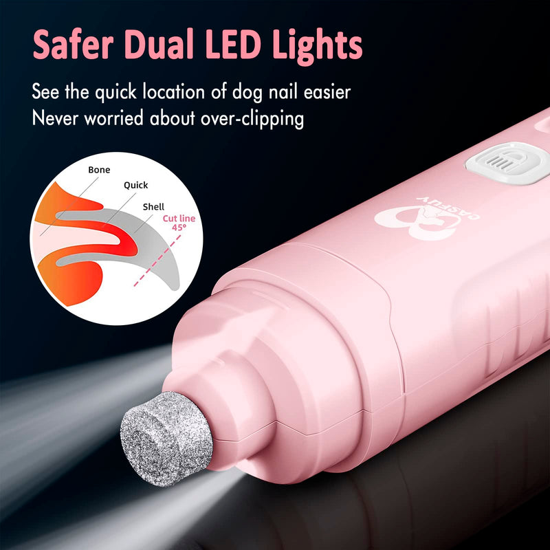 Casfuy Dog Nail Grinder with 2 LED Light for Large Medium Small Dogs - 3X More Powerful 2-Speed Electric Pet Nail Trimmer Rechargeable Quiet Painless Paws Grooming & Smoothing Tool Pink
