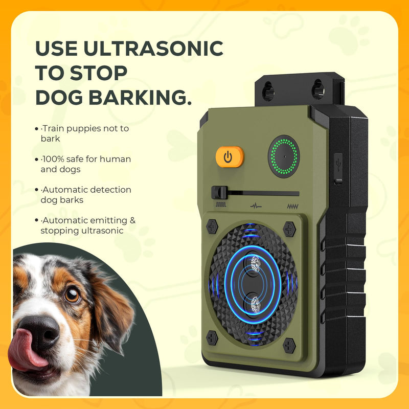Anti Barking Device for Dogs, 3 Modes Ultrasonic Dog Bark Deterrent Devices Long Range 50ft, Type-C Rechargeable Bark Box Barking Control Devices, No More Barking Training Military green