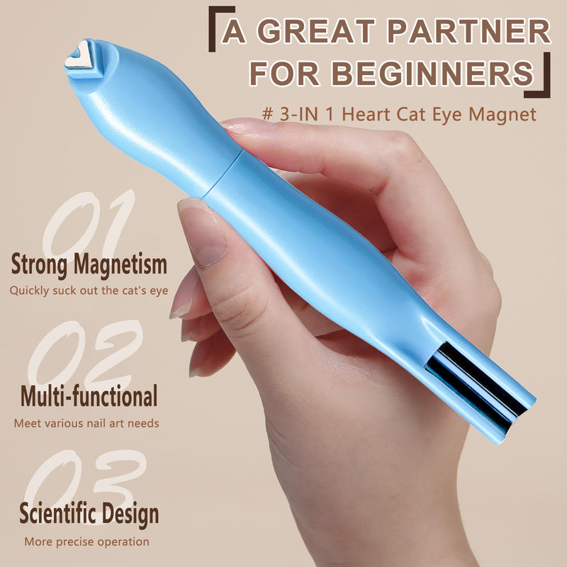 3 In 1 Cat Eye Nail Magnet Tools, Heart & Round Designs Multifunctional Magnetic Stick, Cat Eye Gel Polish Heart Nail Magnets for Nails Accessory for Home DIY, Salon & Studio (Blue) Blue - PawsPlanet Australia