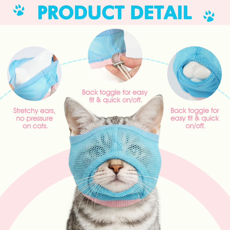 2 Pieces Visible & Breathable Cat Muzzle for Grooming, Anti-Bite Pet Mask with Adjustable Neck Size and Ear-Friendly Design Blue M