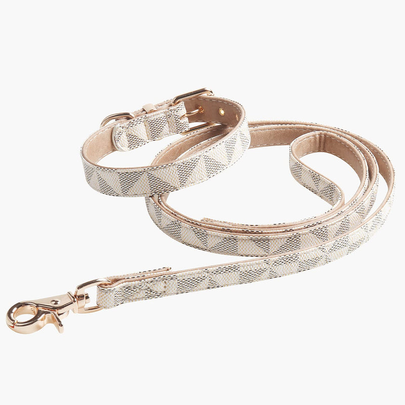 Dog Leather Collar and 4 ft Leash, KUDES Adjustable Basic Collar with Bell Leather Pet Leash Set, Checkered Pattern Durable Leather Collar and Leash with Metal Buckle for Small Medium Large Dogs S(Neck 10-12" ,Width 0.6") Beige
