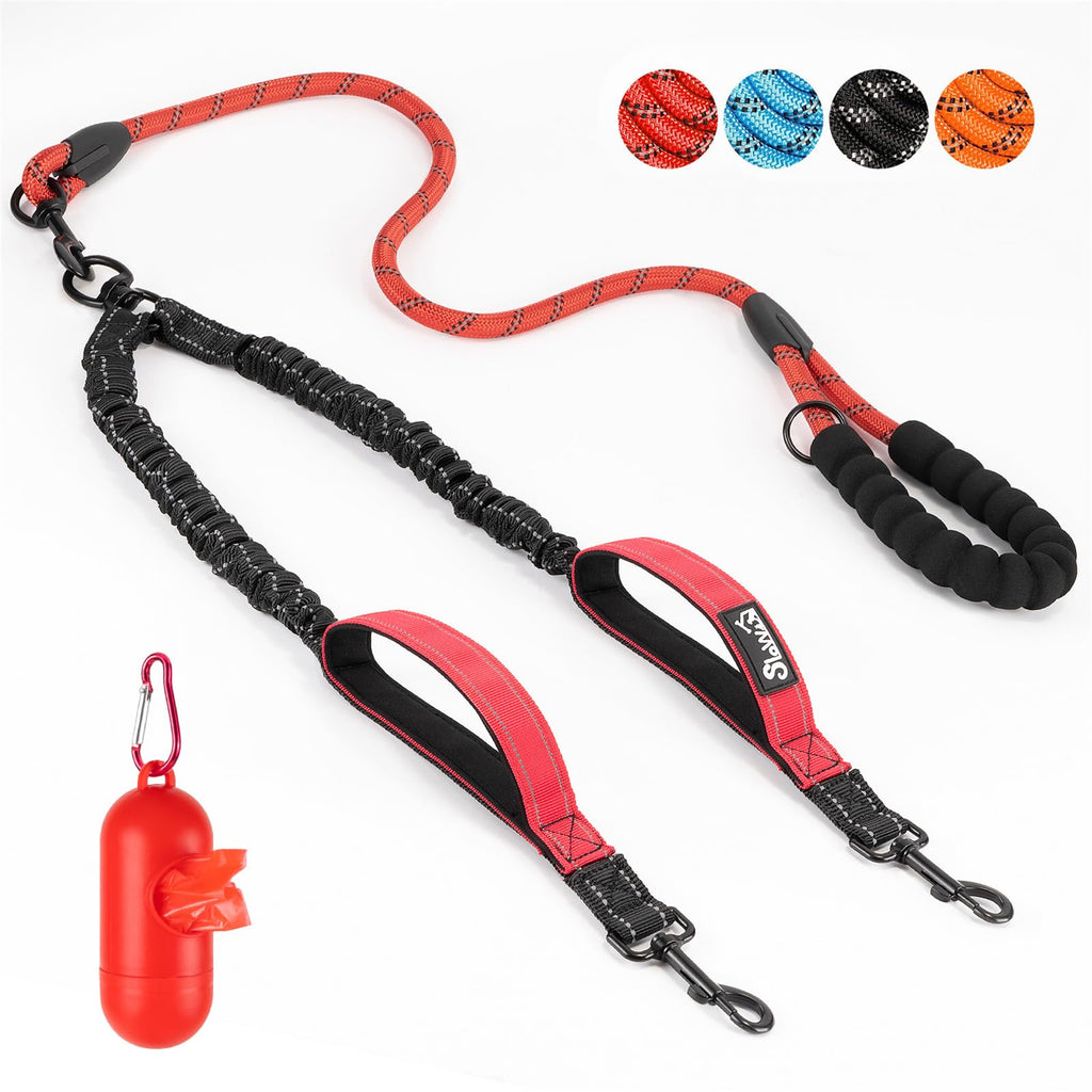 SlowTon Double Leash for Two Dogs - No Tangle Dog Leash 360° Swivel Reflective Double Dog Leash with Two Padded Handles, Shock Absorbing Walking Training for Small Medium Dogs (Red, 8-35 lbs) 2 Handles (2 Dogs Total Weight 8-35lbs) 1.Red