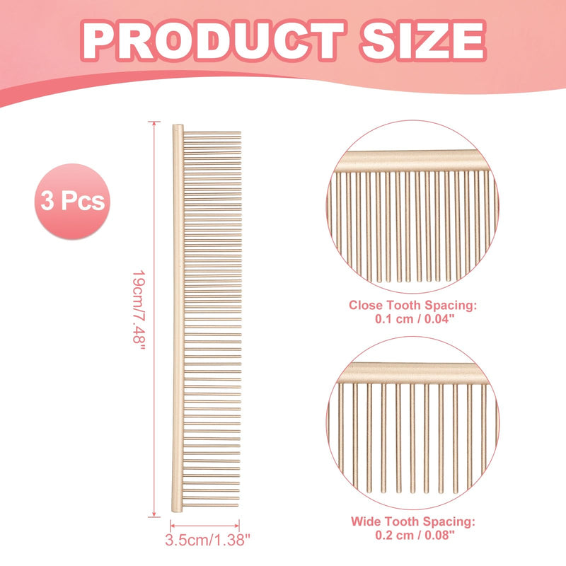 Dog Cat Comb, Pet Combs Stainless Steel Teeth with Rounded Ends for Knots Mats Loose Hair Removal, 7.5IN (Gold Coated, 3 Pack), Grooming Tool Intended for Long Curly Hair Pet Gold Coated 7.5 IN