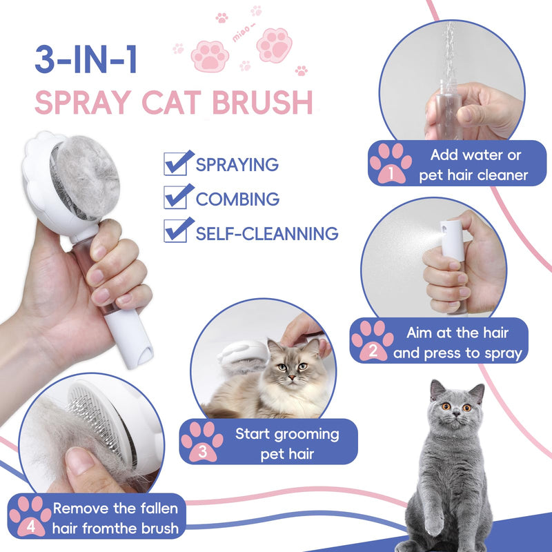 Cat Brushes For Indoor Cats, Cat Shedding Brush With Pet Flea Comb & Pet Nail Clippers, Slicker Brush For Dogs & Rabbit Grooming Kit, Spray Hair Removal Comb With Release Button & Visual Spray, White - PawsPlanet Australia