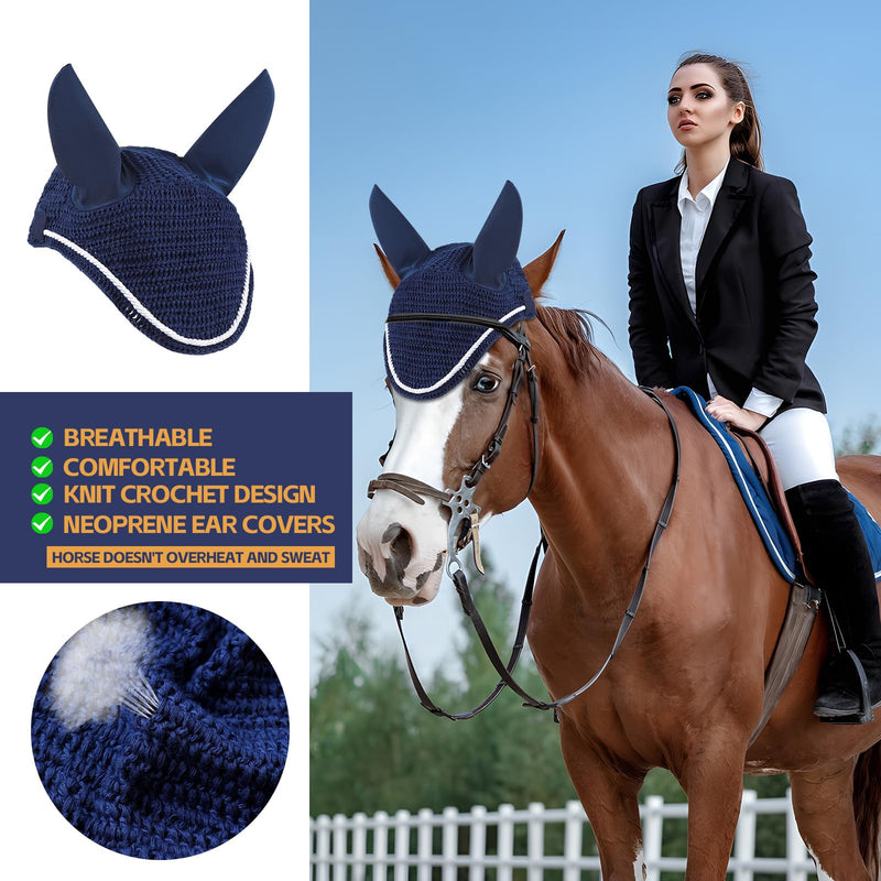 Horse Ear Bonnet - Crochet Fly Veil Silent Ear Net Crochet Bonnet with Neoprene Ear Covers Blue Horse Full Size