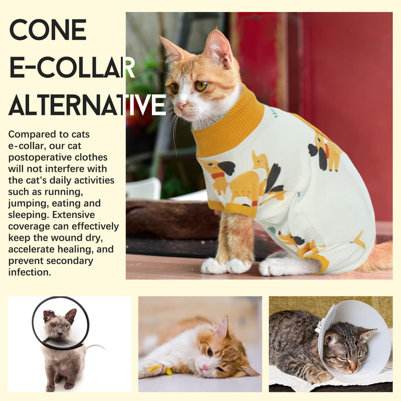 DENTRUN Cat Surgery Recovery Suit Female Male Soft Onesie, Kitten Surgical Collar Cone Alternative Shirt, Abdominal Wounds Anti-Licking Pajama for Small Pets Spay, Cat Body Suit Post Surgery S Yellow Puppy