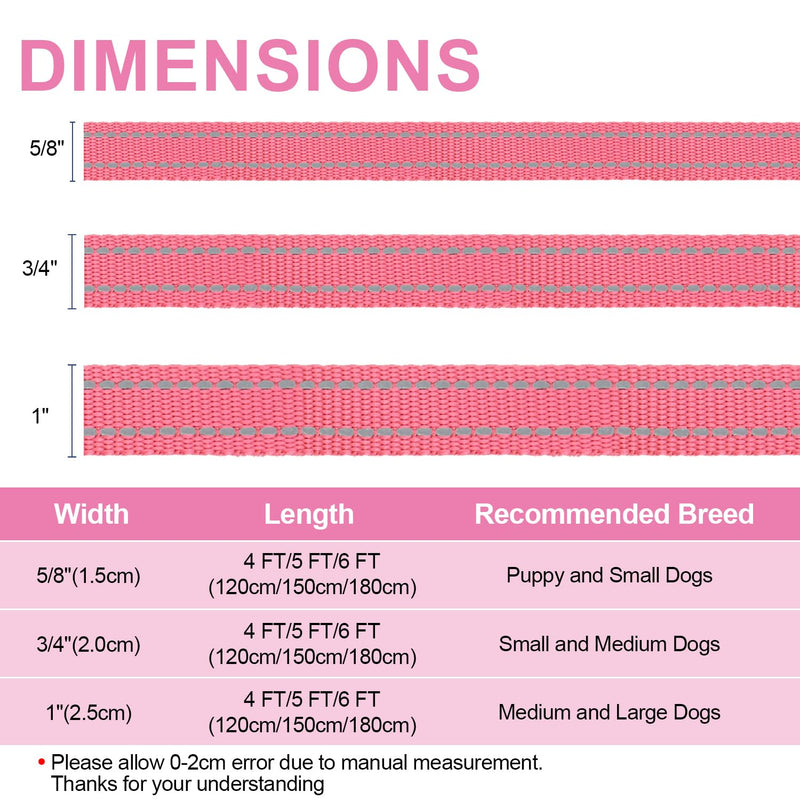 Reflective Nylon Dog Leash for Walking,Strong Dog Leash with Padded Handle for Medium and Large Dogs,6 FT,Hot Pink Hot pink 1" x 6 FT - PawsPlanet Australia