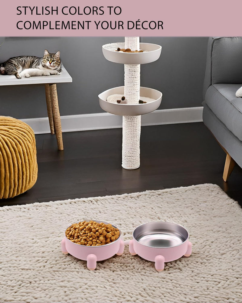 Elevated Cat Bowls 2-Pack, Stainless Steel Raised Cat Food and Water Bowls for Indoor Cats, Anti-Vomit Support, Whisker Fatigue Relief, Non-Slip Base, Dishwasher Safe, Pink 2 Pcs - PawsPlanet Australia