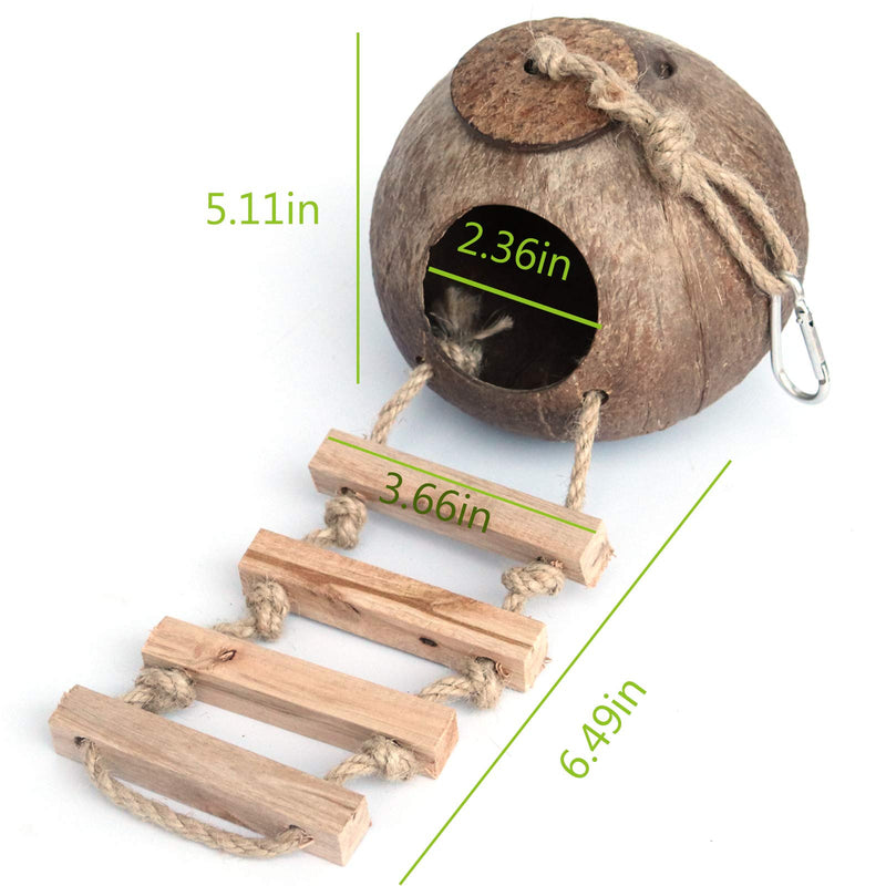 Gecko Coconut Husk Hut, Bird Hut Nesting House Hideouts Hanging Home, Treat & Food Dispenser, Durable Cave Habitat with Hanging Loop for Crested Gecko, Reptiles, Amphibians and Small Animals Coconut Husk Hut with Ladder