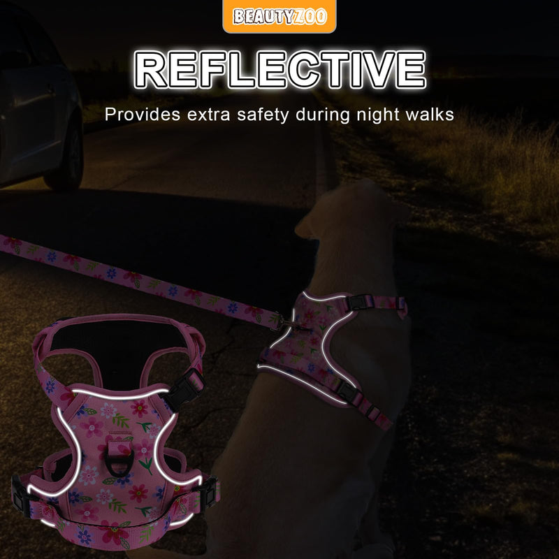 BEAUTYZOO No Pull Dog Harness and Leash Set with 2 Metal Leash Clips - Overhead-Free 3 Snap Buckles Design, Adjustable No-Choke Soft Padded Reflective Oxford Pet Vest for Small Medium Large Dogs, M M: chest 16"-28" Pink Flower - PawsPlanet Australia