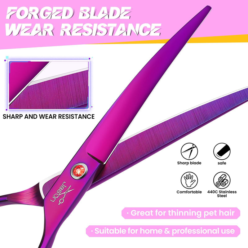 JASON 7.5" Dog Grooming Scissor - Professional Down-Curved Shear with Ergonomic Handle Japanese Stainless Steel Hair Scissor for Dogs, Cats and Other Pets, Sharp & Durable (Curved, Purple)
