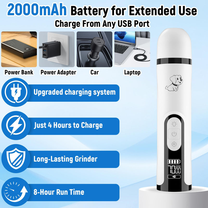 Silent Groom Pro Nail Grinder, 3 Speed Dog Nail Grinders, Silent Dog Nail Grinder with 2 Led Lights, 2000mAh USB Rechargeable, Dog Nail Trimmer with Replacement Grinding Heads for Dogs, Cat - PawsPlanet Australia