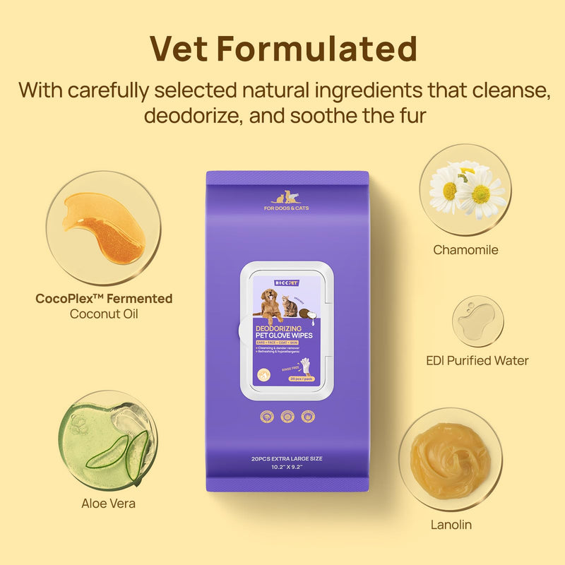 HICC PET Cleaning Deodorizing Glove Wipes for Dogs & Cats, Vet Recommended Hypoallergenic Hydrating & Nourish Fur Pet Grooming Glove Wipes, Pet Bathing Wipes for Horse Coat Care,6pcs Coconut Scent 6 PCS