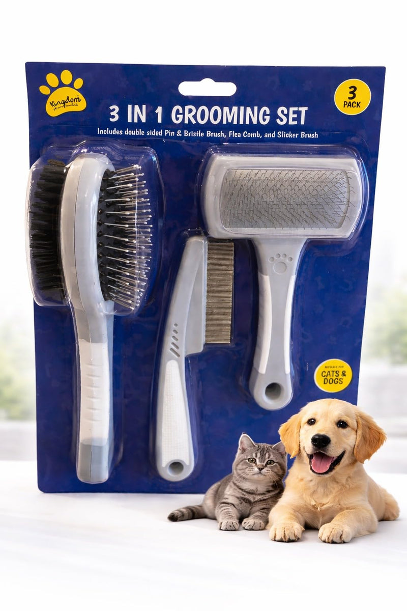 Pet Grooming Kit for Dogs & Cats – 3-in-1 Dog Grooming Set with Slicker Brush, Dual Bristle Brush & Flea Comb – Removes Loose Fur, Reduces Shedding