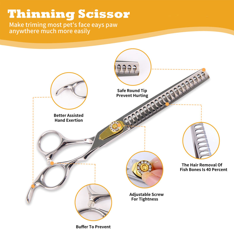 7 Inch Professional Dog Grooming Scissors Kit, 6-in-1 Grooming Scissors for Dogs, Pet Grooming Shears Set, Straight Scissor & Thinning Shear & Curved Scissor & Chunker Shear (Silver) Silver - PawsPlanet Australia