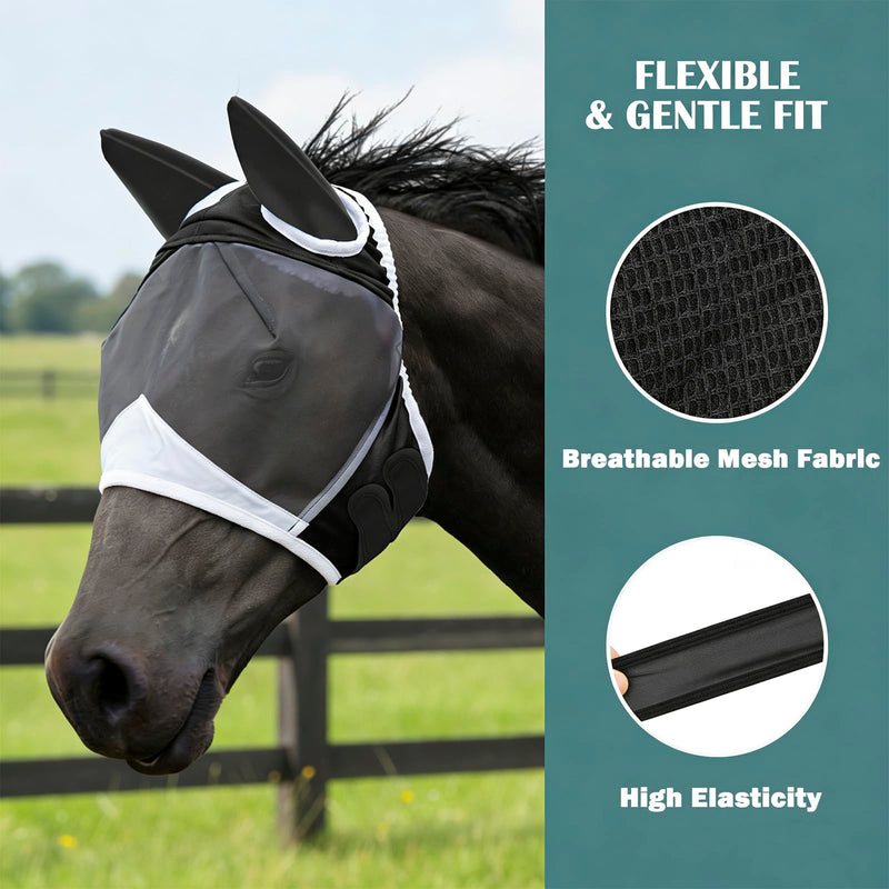Fly Mask with Ears for Horses Soft Stretchy Mesh Horse Face Cover, Breathable Eye Protection Fly Masks UV Protective Horse Supplies (Black, L) Black 1pcs