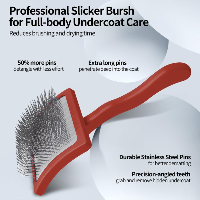 Pet Slicker Brush for Long & Short Hair - Detangling Tool for Dogs & Cats - 135° Angled Stainless Steel Pins, Curved Handle - Gentle Grooming for Small/Medium/Large Breeds (Red) Red
