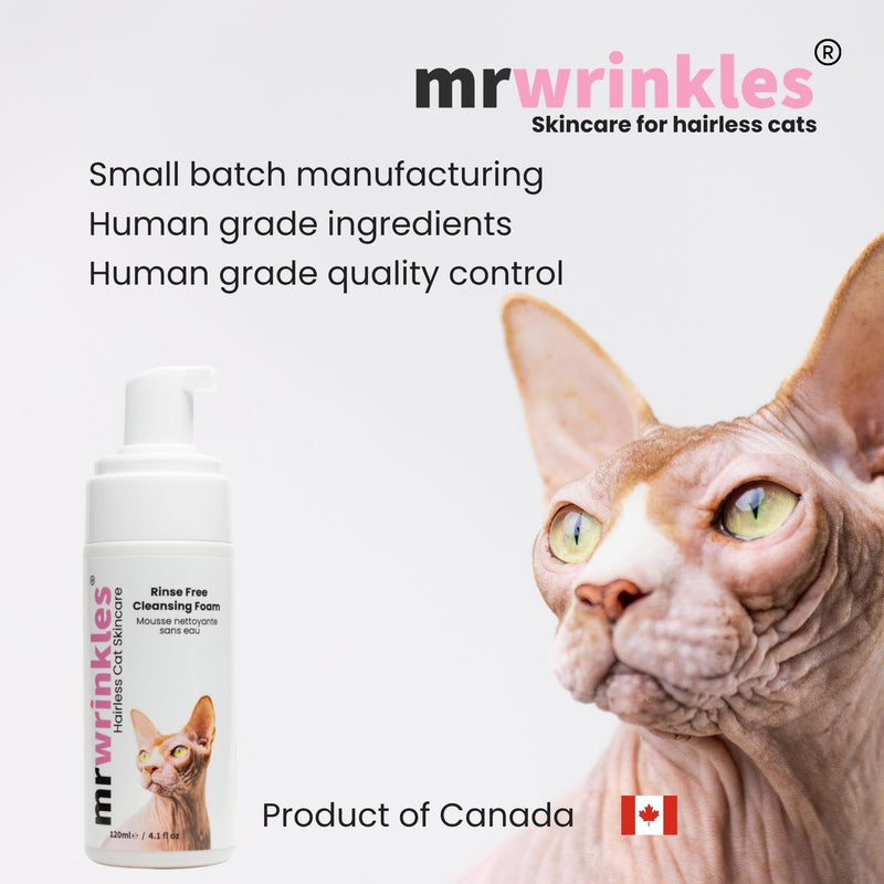 Sphynx Cat Rinse-Free Cleansing Foam – No Bath Needed, Wipe & Go, Mattifying Rice Water & Honey Formula, Gentle Shampoo Alternative for Hairless Cats – Mr. Wrinkles